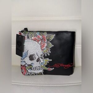 BRAND NEW ed hardy rhinestone skull roses wristlet /makeup handbag